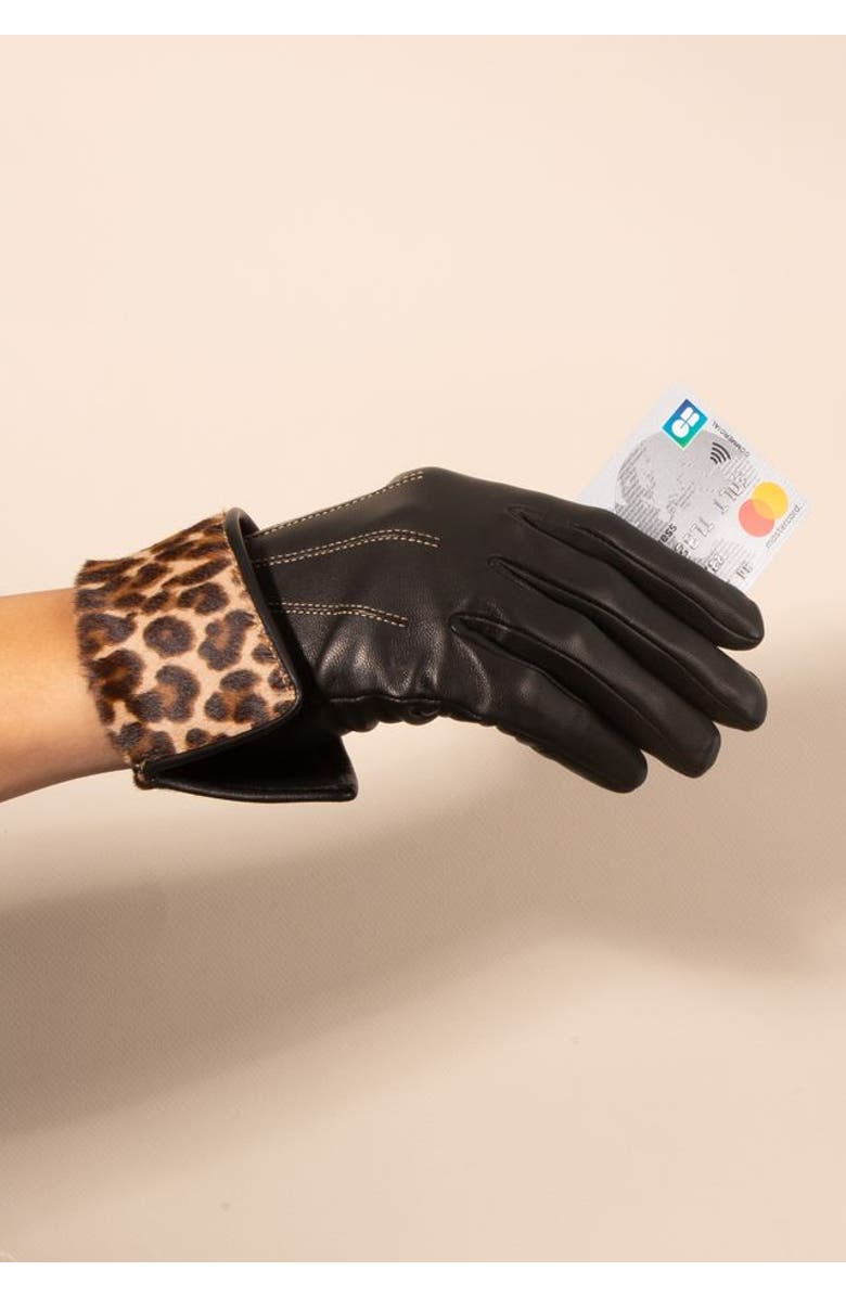Agnelle Fanny Lambskin Glove with Cashmere Lining and Contrast Cuff, Alternate, color, Tnoir/Panthere