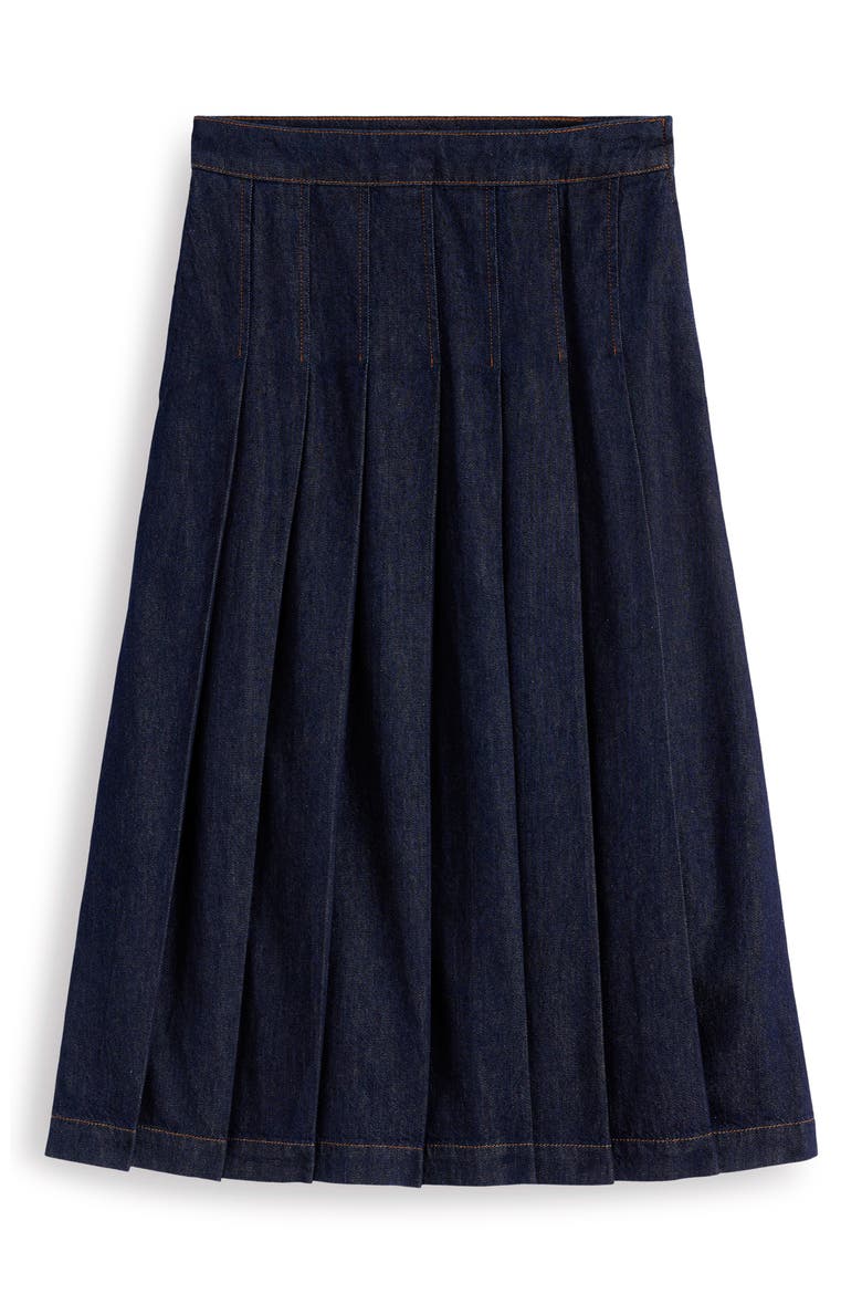 Aya Pleated Denim Midi Skirt, Alternate, color, INDIGO