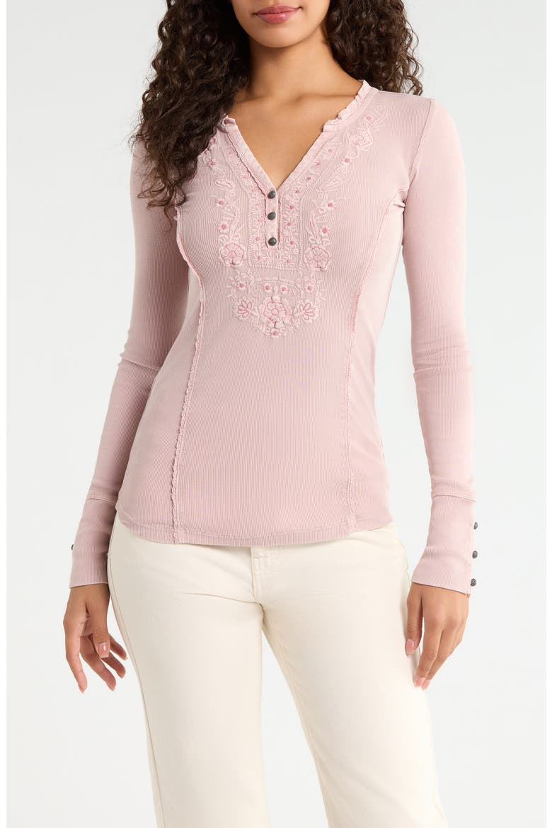Floral Appliqué Cotton Henley Top, Main, color, PINK OVERDYE