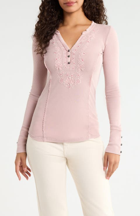 Floral Appliqué Cotton Henley Top