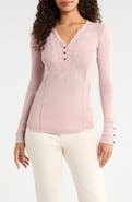 Lucky Brand Floral Appliqué Cotton Henley Top