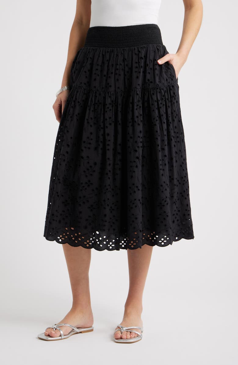 Caslon<sup>®</sup> Smocked Waist Eyelet Midi Skirt, Main, color, Black