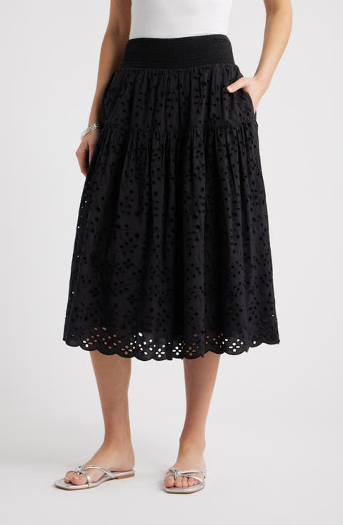 Smocked Waist Eyelet Midi Skirt