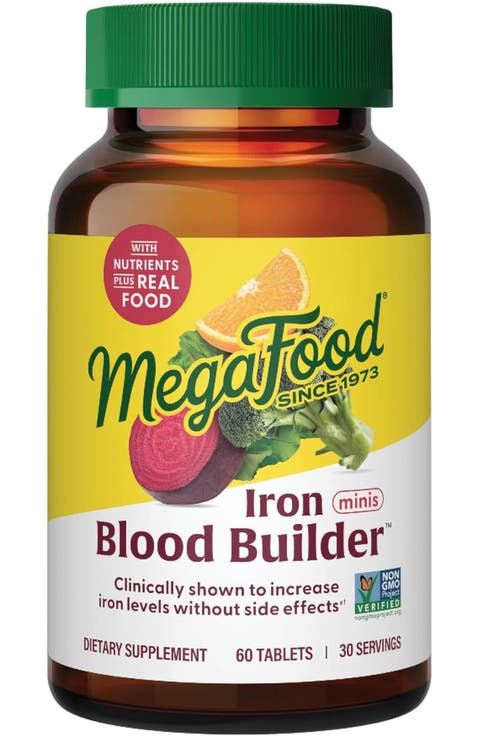 Blood Builder Iron Supplement for Women & Men with B12, Folic Acid & Vitamin C, Vegan, 60 Mini Tablets