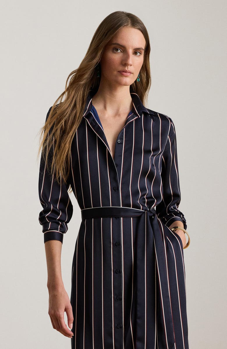 Lauren Ralph Lauren Fayella Stripe Long Sleeve Midi Shirtdress, Alternate, color, Navy/ Cream/ Garnet