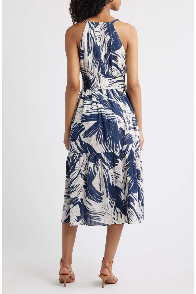 Leaf Print Cotton Halter Neck Midi Dress, Alternate, color, NAVY
