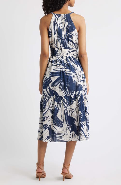 Vince Camuto Leaf Print Cotton Halter Neck Midi Dress In Blue