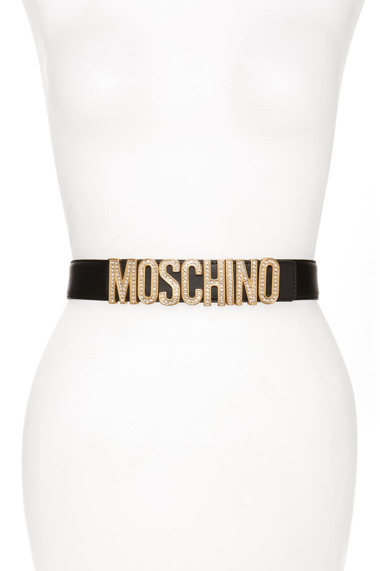 Crystal Logo Leather Belt, Main, color, BLACK