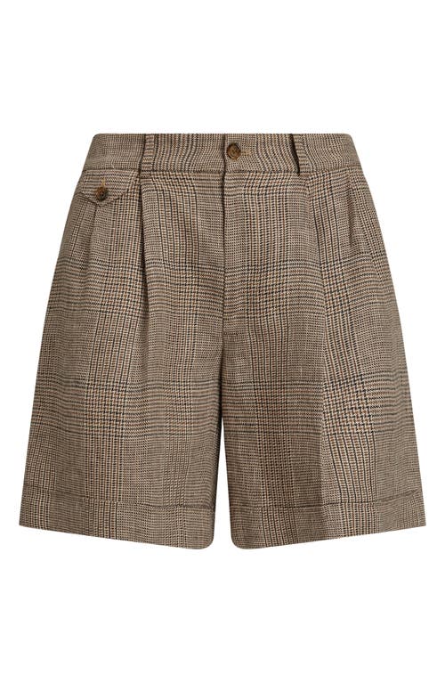 Ralph Lauren Petite Glen Check Pleated Linen Twill Shorts In Brown/tan Multi
