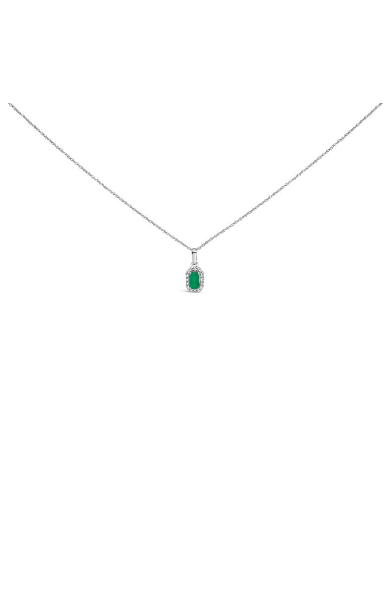 Haus of Brilliance 10K White Gold 5x3mm Birthstone and Diamond Accent Halo Octagonal Shape Pendant Necklace, Main, color, Green Emerald | White