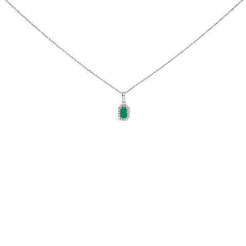 10K White Gold 5x3mm Birthstone and Diamond Accent Halo Octagonal Shape Pendant Necklace