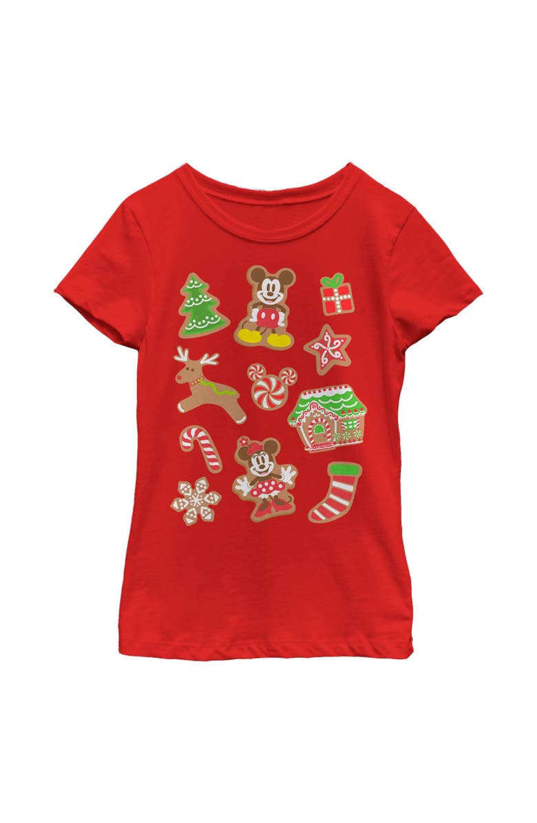 Mickey & Friends Girl's Mickey & Friends Christmas Gingerbread Cookies Collage  Graphic T-Shirt, Main, color, Red