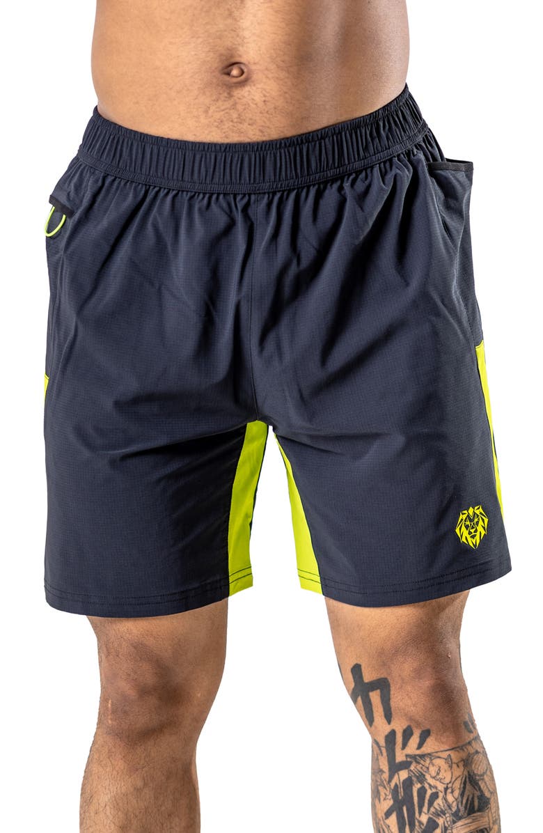 Maceoo Athletic Neon Stripe Shorts, Main, color, Black