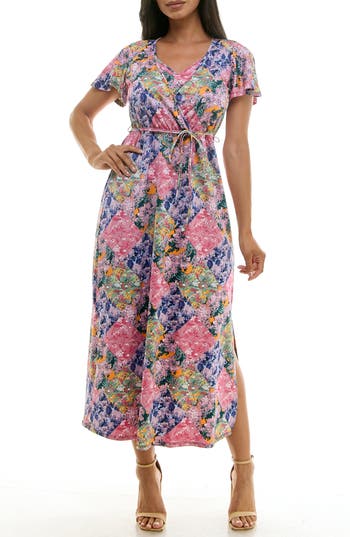 Nina Leonard Tie Waist Maxi Dress In Blue Multi
