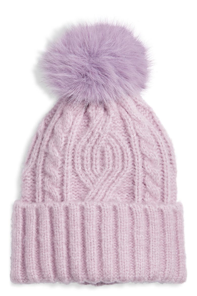 Cable Stitch Pom Beanie, Main, color, PURPLE FROST