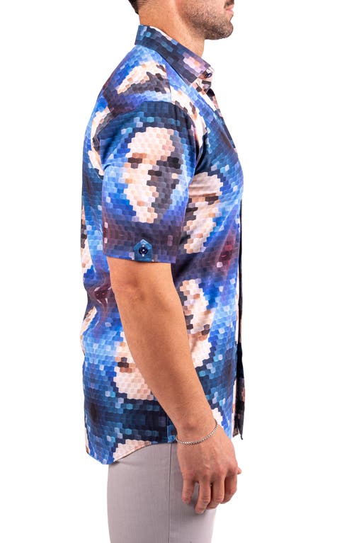 Maceoo Galileo Resistance2201 Blue Pixelated Face Print Short Sleeve Button-up Shirt