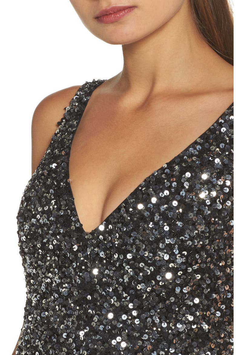 Sequin Slit Gown, Alternate, color, BLACK