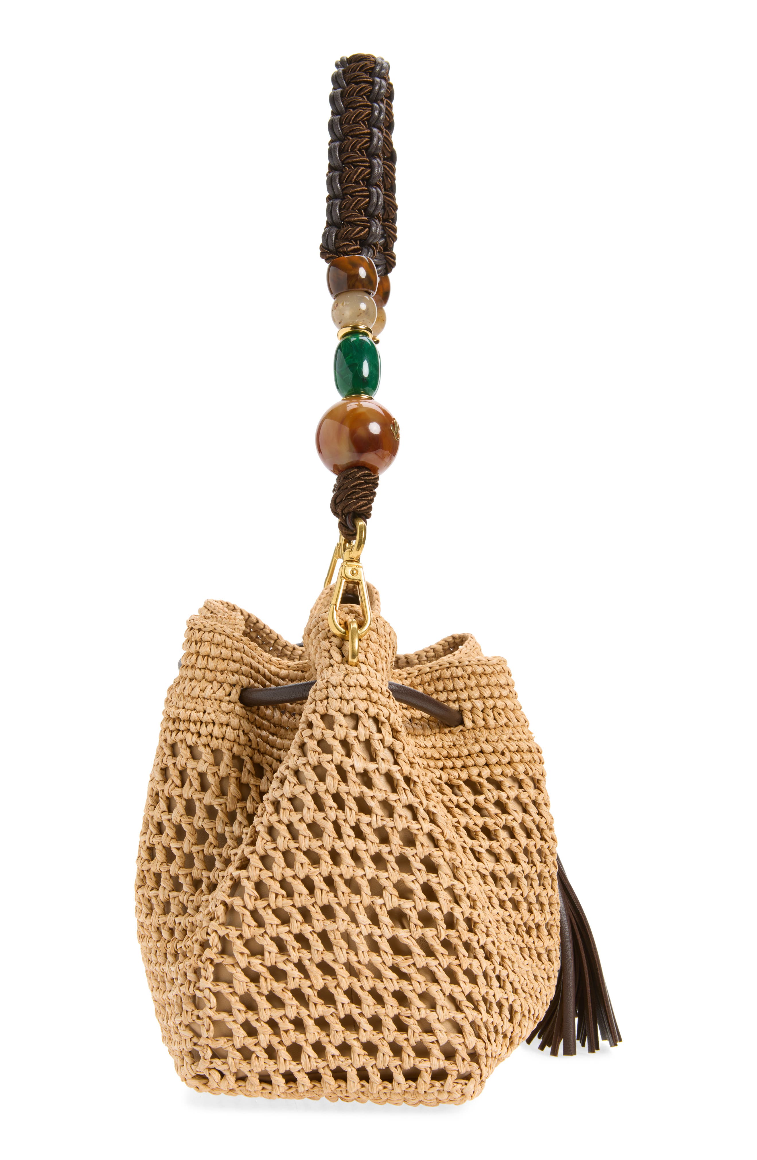 Jimmy Choo Bon Bon Fringe Raffia East/West Bucket Bag, Alternate, color, Natural/ Chocolate/ Gold