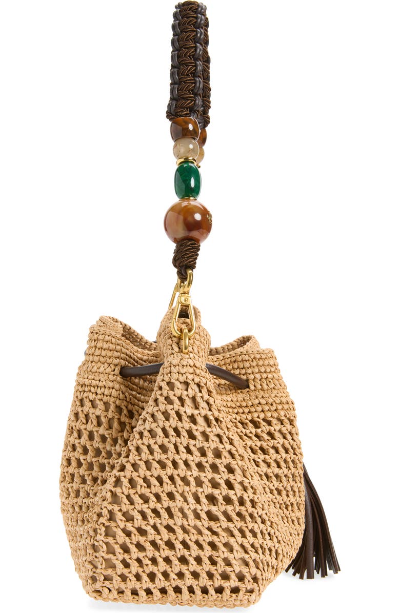 Jimmy Choo Bon Bon Fringe Raffia East/West Bucket Bag, Alternate, color, Natural/ Chocolate/ Gold