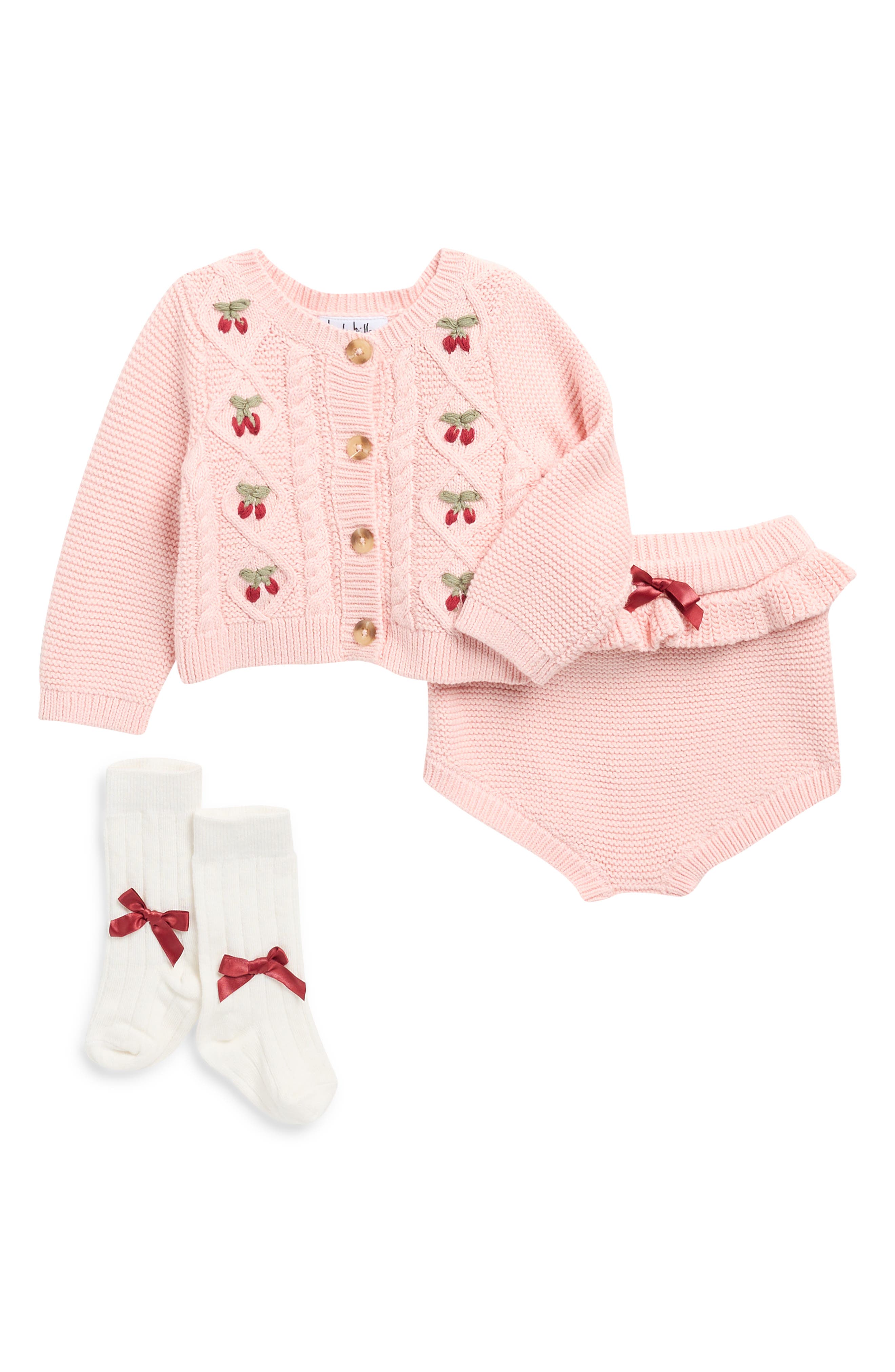 Nicole Miller Cherry Embroidered Sweater, Bloomers & Socks Set