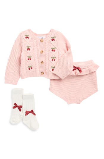 Nicole Miller Babies' Cherry Embroidered Sweater, Bloomers & Socks Set In Pink