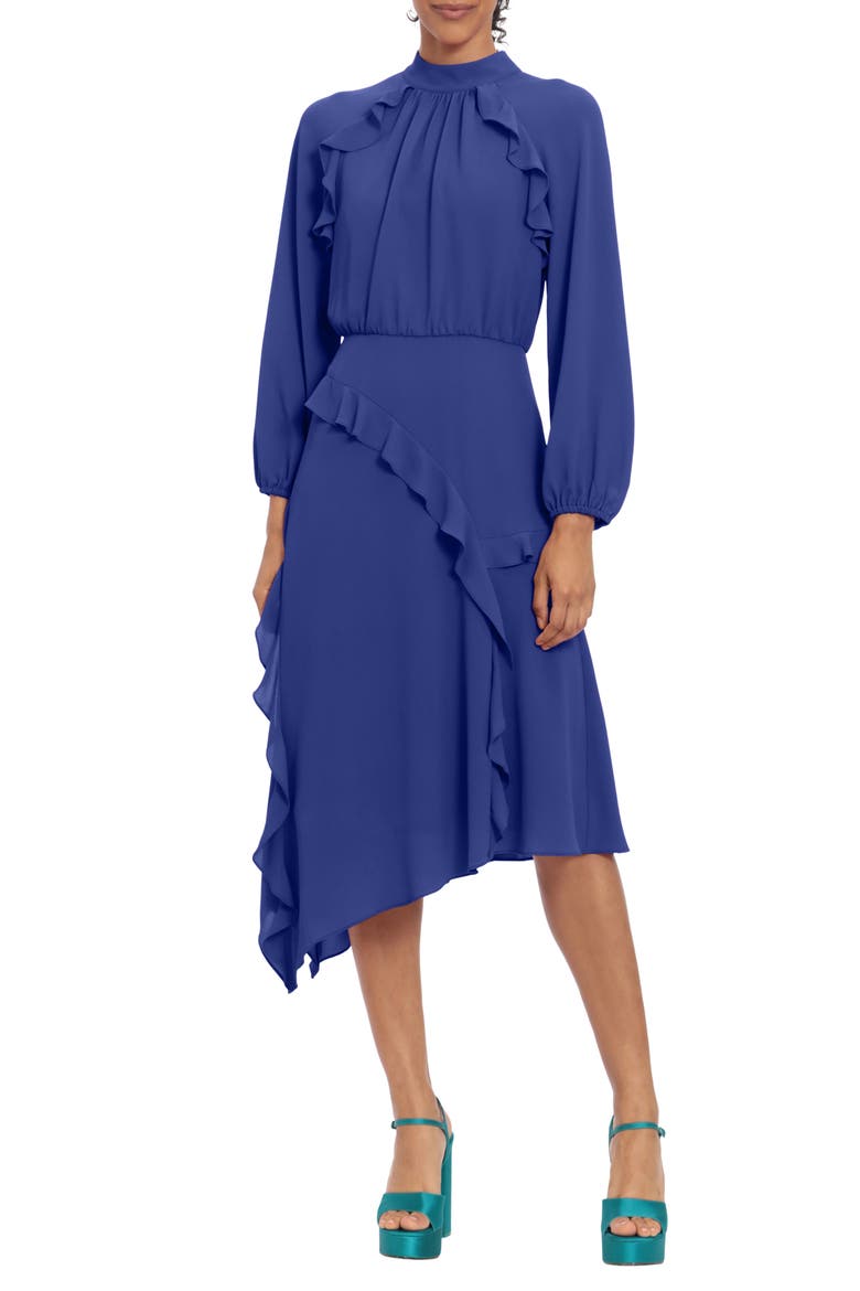 Ruffle Long Sleeve Midi Dress, Main, color, SODALITE BLUE