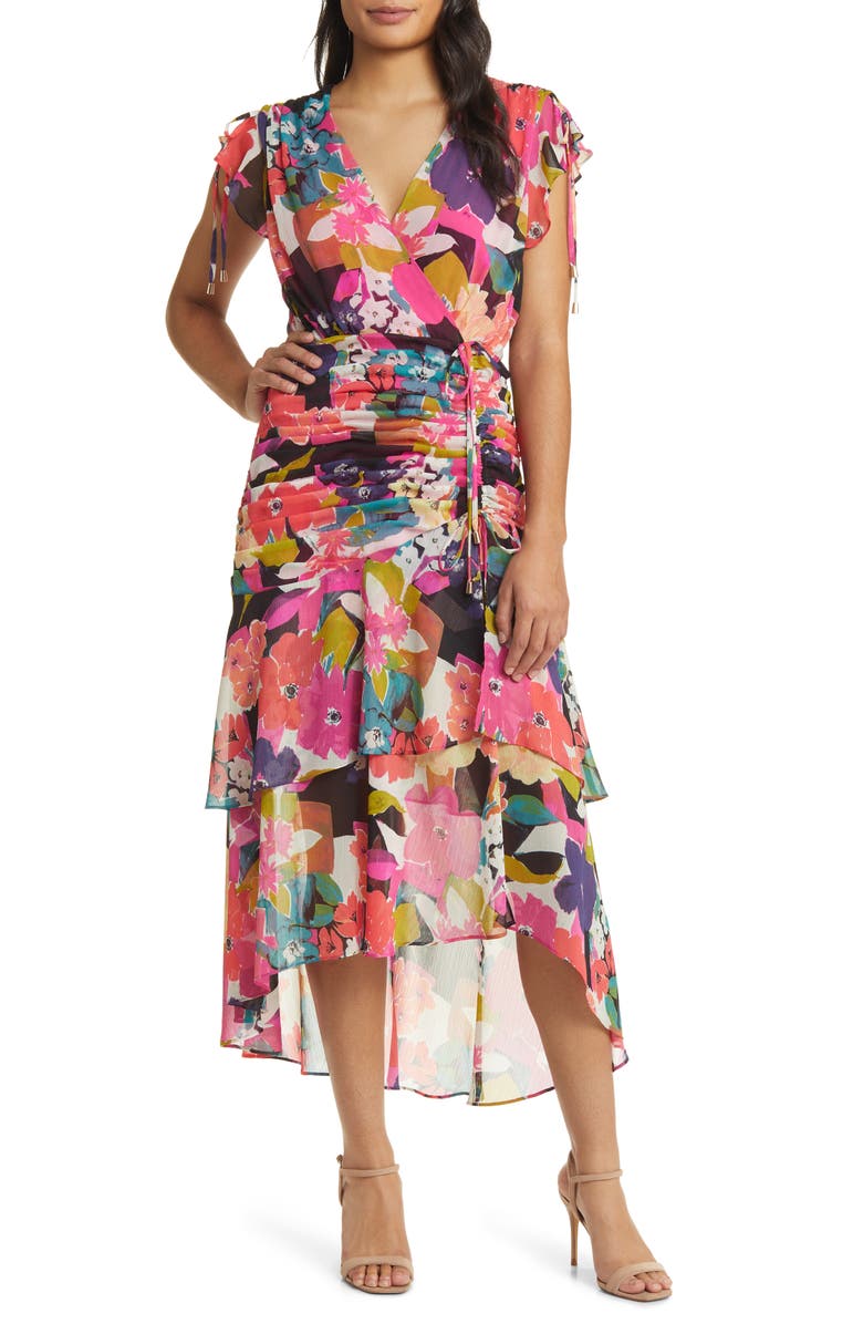 Tahari ASL Floral Side Ruched Chiffon Midi Dress, Main, color,