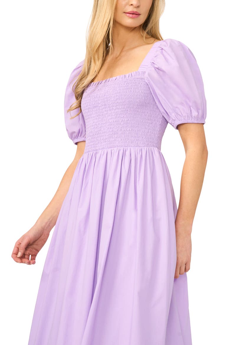 Smocked Cutout Puff Sleeve Midi Dress, Alternate, color, LILAC BREEZE