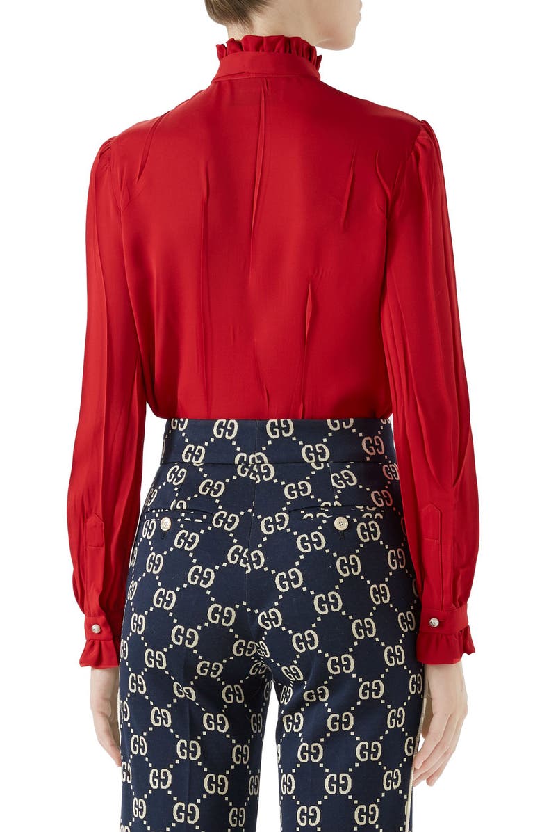 Gucci Tie Neck Ruffle Detail Silk Blouse, Alternate, color, 