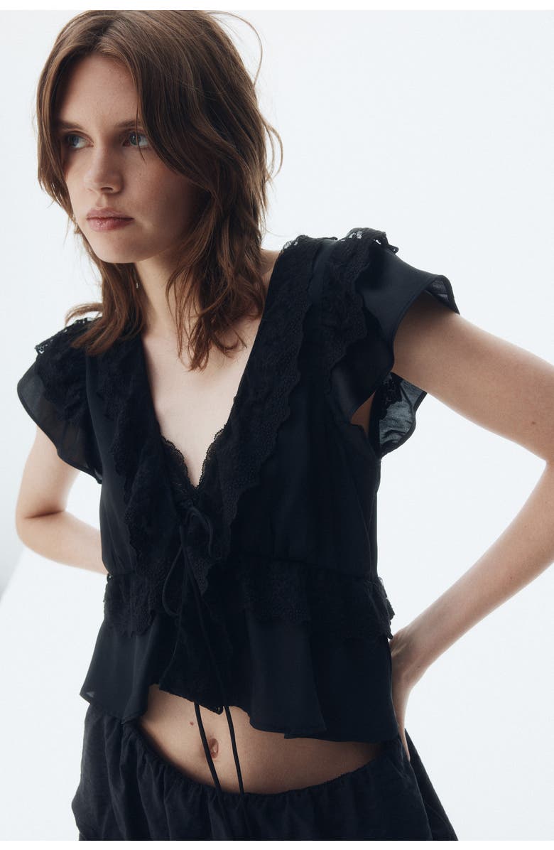 H&M Flounce-trimmed Satin Blouse, Alternate, color, Black