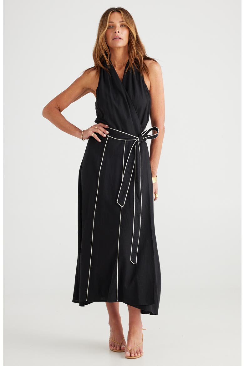 Ari Tie Waist Sleeveless Linen Blend Maxi Dress, Alternate, color, BLACK W WHITE