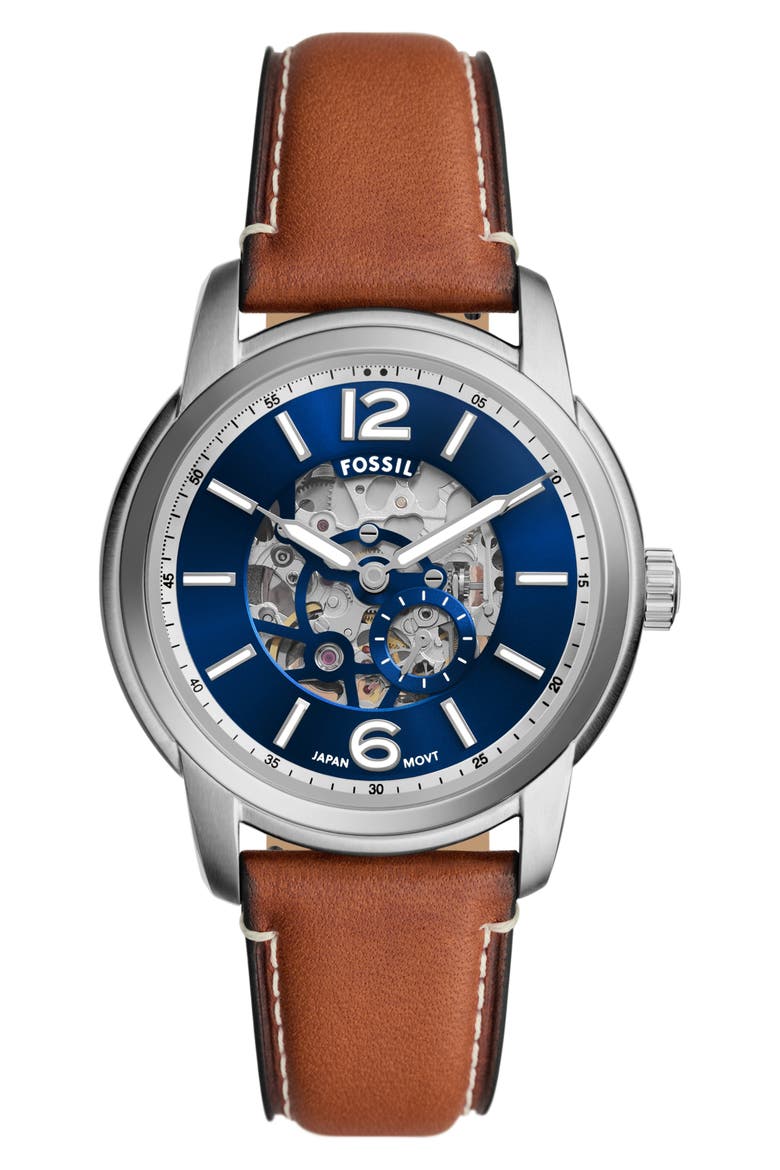 Heritage Automatic Leather Strap Watch, 43mm, Main, color, BROWN