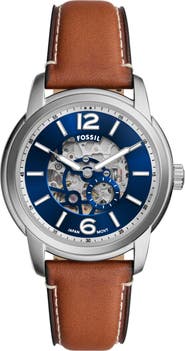 Fossil Heritage Automatic Leather Strap Watch, 43mm