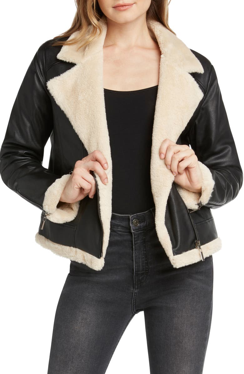 matty m. Faux Fur Lined Faux Leather Moto Jacket, Main, color,