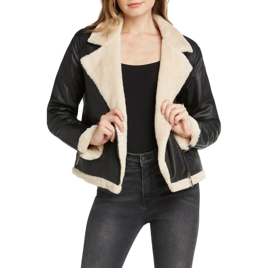 Matty M . Faux Fur Lined Faux Leather Moto Jacket In Black