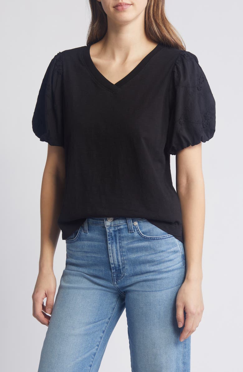 Wit & Wisdom Embroidered Puff Sleeve V-Neck Top, Main, color,