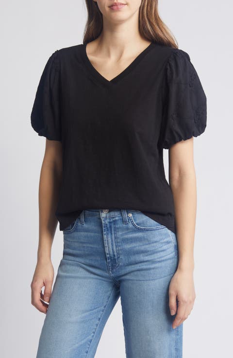 Embroidered Puff Sleeve V-Neck Top