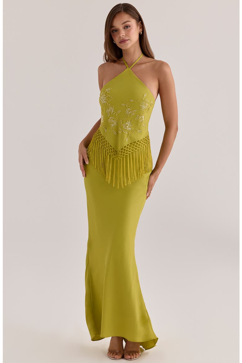 Sareena Bead Embellished Fringe Halter Dress, Alternate, color, PEAR