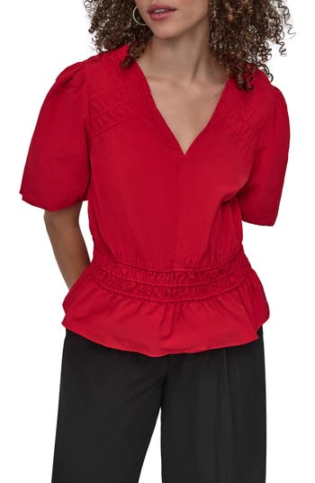 Dkny Shirred Puff Sleeve Peplum Top In Red