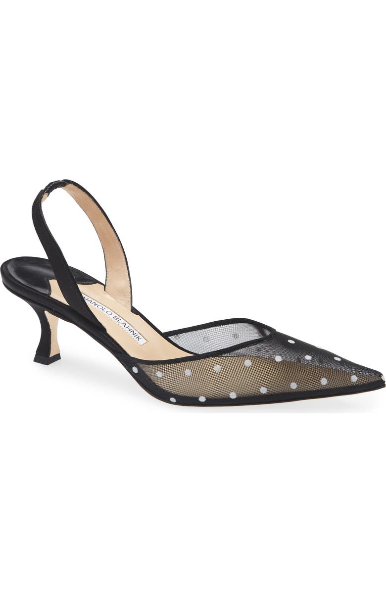Manolo Blahnik Carolyne Polka Dot Pointed Toe Slingback Pump, Main, color, Black