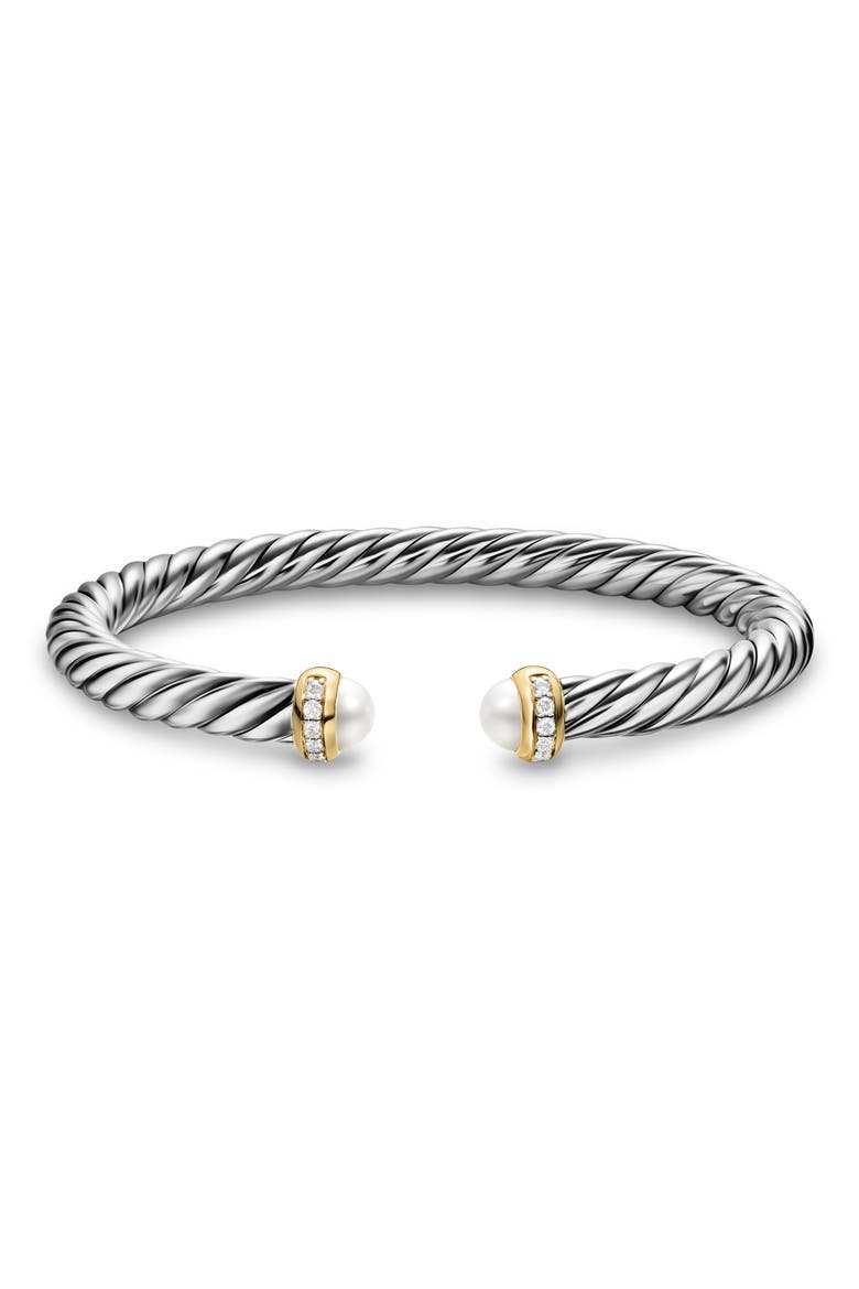 Cable Flex Bracelet in Sterling Silver with 14K Yellow Gold, Pearls & Diamonds, 6mm, Alternate, color, SILVER PAVE