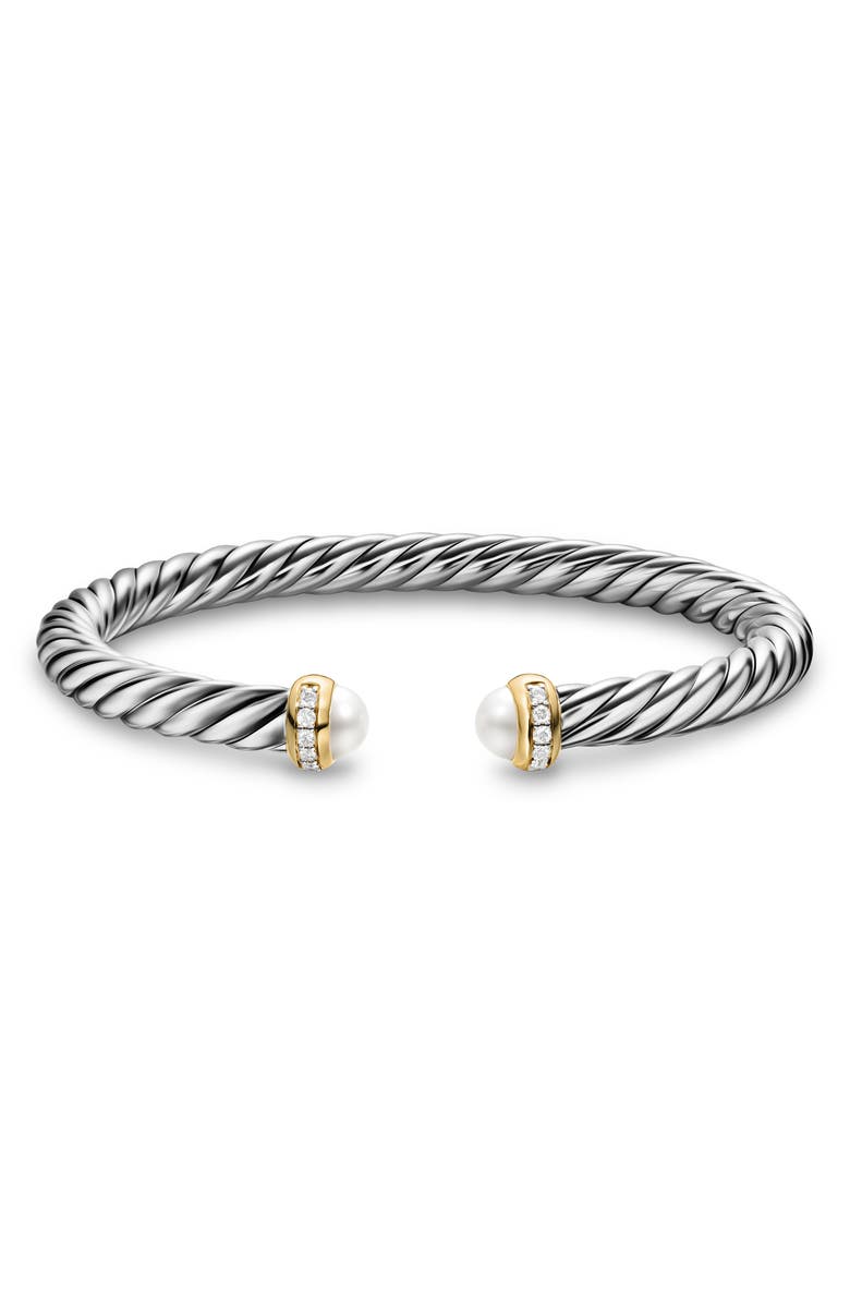 David Yurman Cable Flex Bracelet in Sterling Silver with 14K Yellow Gold, Pearls & Diamonds, 6mm, Alternate, color, Silver Pave