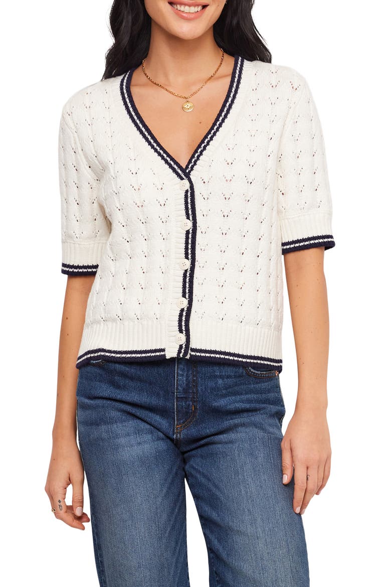 Pointelle Cotton Blend Short Sleeve Cardigan, Main, color, OFF WHITE