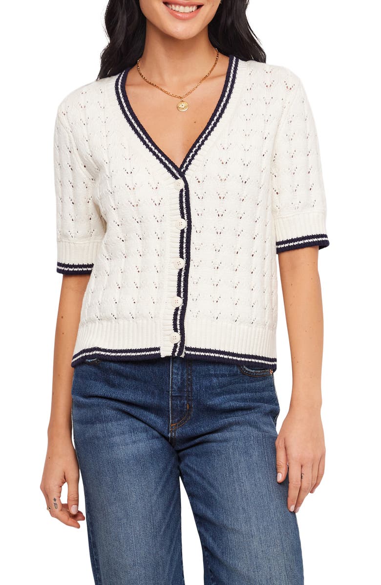 Karen Kane Pointelle Cotton Blend Short Sleeve Cardigan, Main, color, Off White
