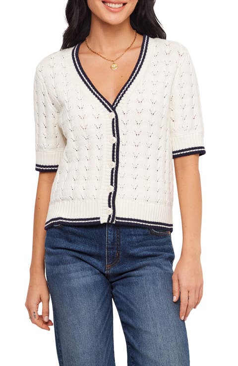 Pointelle Cotton Blend Short Sleeve Cardigan