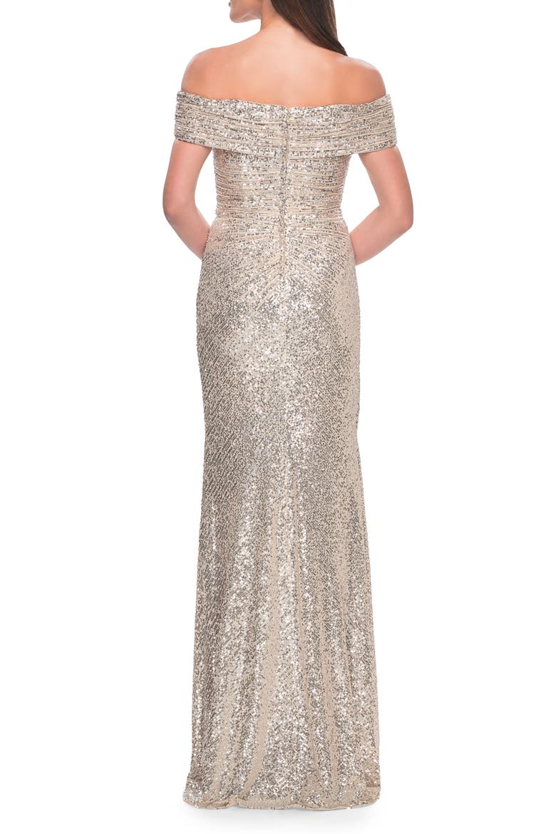 Off the Shoulder Sequin Gown with Ruching, Alternate, color, Silver