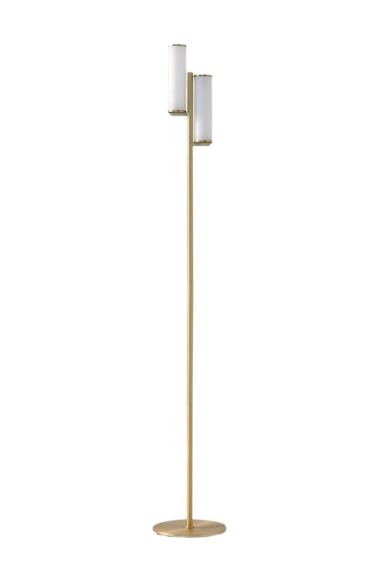 Brightech Gemini 64" Industrial LED Standing Floor Lamp with Glass Cylinder Shades, 3-Way Dimming, Main, color, Antique Brass