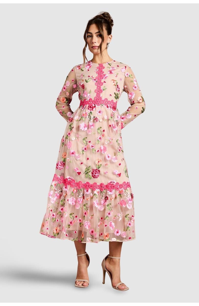 Coast Embroidered Floral Midi Dress, Main, color, Nude