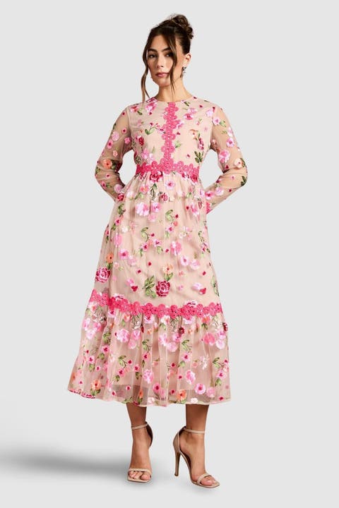Embroidered Floral Midi Dress