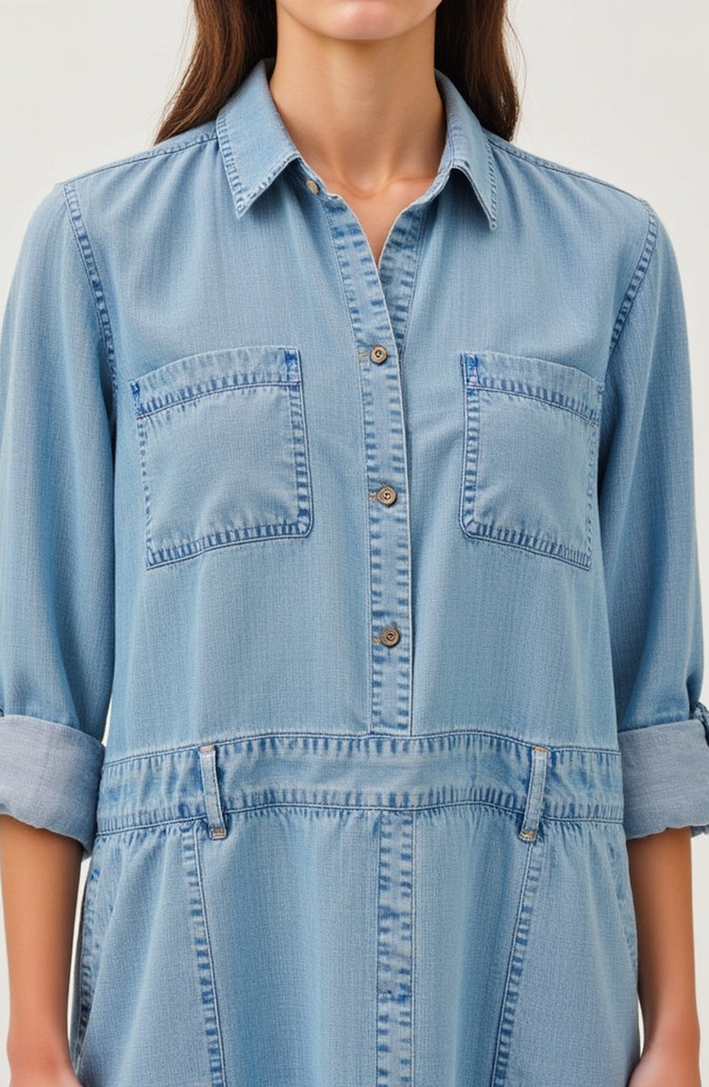 Modenaire Long-Sleeve Button-Front Denim Mini Dress, Alternate, color, Light Blue